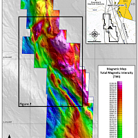 Total magnetic intensity map of Indata Property from data collected by Precision Geosurveys Inc. in June 2023.